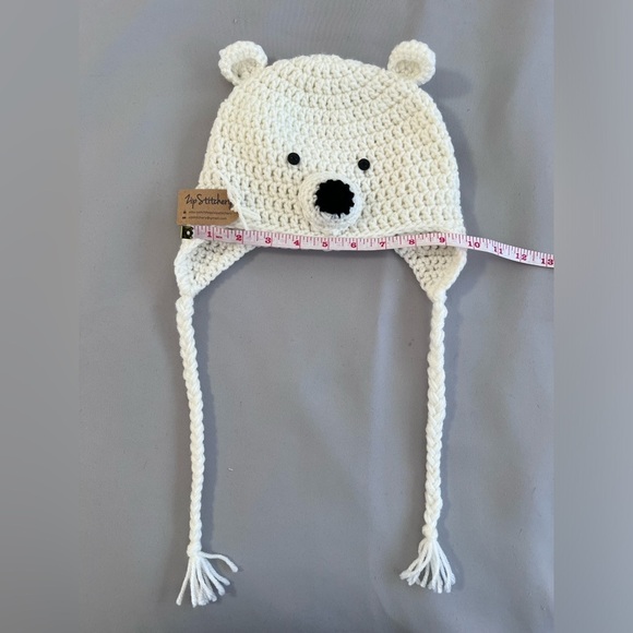 Zip Stitchery Polar Bear Hat Beanie Crochet White Black One Sz - Picture 7 of 10